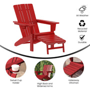 Halifax Poly Resin Adirondack Chair with Cup Holder and Pull Out Ottoman by Flash Furniture – Set of 2, Plastic: Polyethylene (HDPE), Red, Pack of 2, Model 2-LE-HMP-1045-110-RD-GG