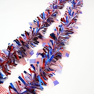 6.6Ft Patriotic Tinsel Garland with American Flag 4th of July Decorations Red White and Blue Glitter Metallic Foil Hanging Garland for Independence Day Memorial Day Holiday Party Supplies