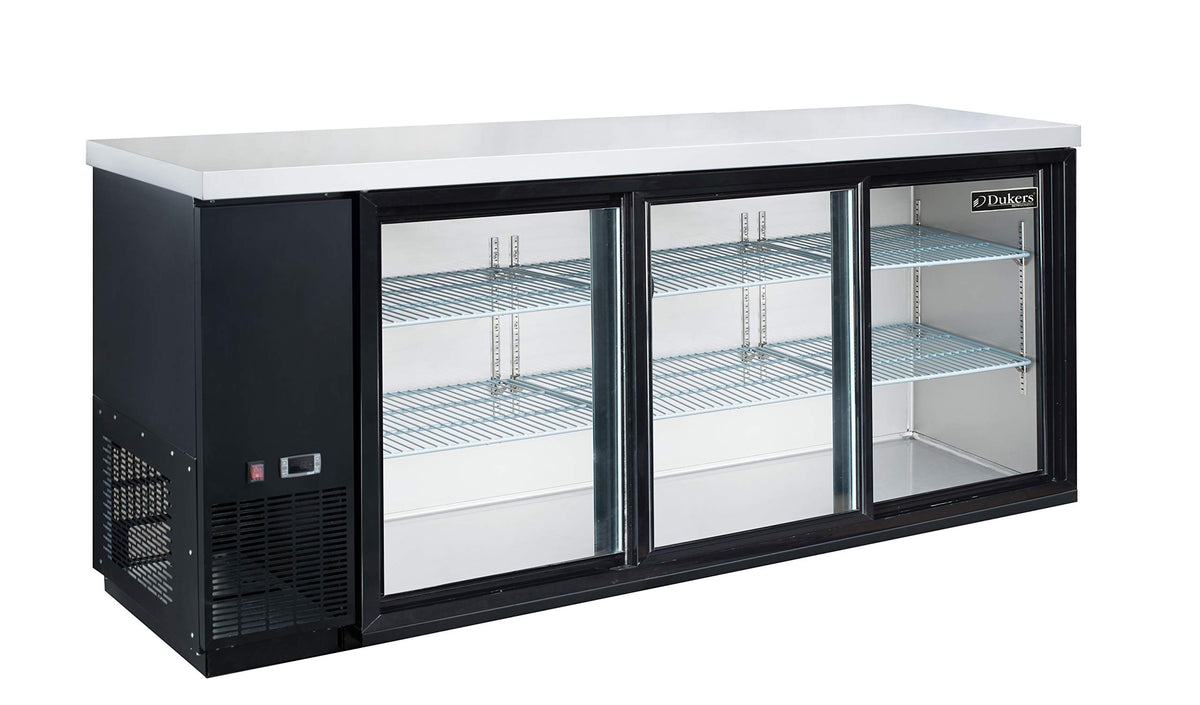 Appliance USA Sliding 3 Door Back Bar Beverage Cooler in Black by Dukers – 73" W x 24" D x 35 7/8" H, 19.1 cubic_feet, Commercial-Grade, Black, Model DBB72-S3