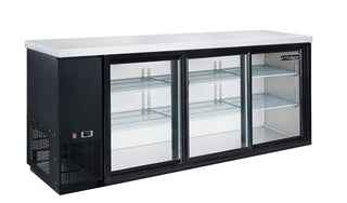 Appliance USA Sliding 3 Door Back Bar Beverage Cooler in Black by Dukers – 73" W x 24" D x 35 7/8" H, 19.1 cubic_feet, Commercial-Grade, Black, Model DBB72-S3