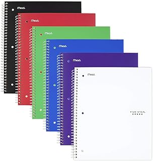 Five Star Spiral Notebooks, 5 Subject, Wide Ruled Paper, 200 Sheets, 10-1/2" x 8", Assorted Colors, 6 Pack (38417)