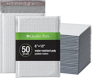 Quality Park Bubble Mailers, 6 x 9 Inch, White Poly Mailers, Padded Envelopes, Shipping Envelopes, Water Resistant, Self Seal, 50 Per Box (QUA85856), Plastic