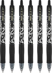 PILOT G2 Premium Gel Roller Pens, Fine Point 0.7 mm, Black Ink, Fashion Collection, Silver Floral Design, Pack of 6