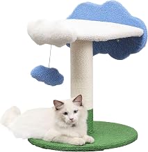 CTR1006A Sami 21.5" Modern Jute Cloud Cat Tree with Scratching Post, and Fuzzy Toy, White/Blue/Green