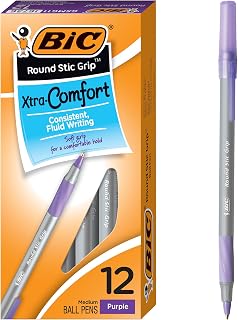 BIC Round Stic Grip Xtra Comfort Ballpoint Pen, Purple Ink, 12-Count