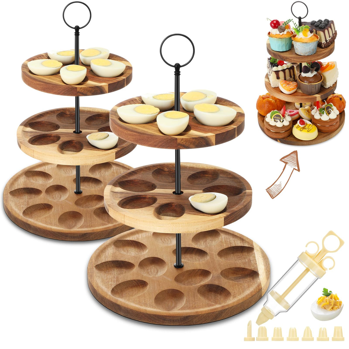 Memorywuu 3 Tier Wooden Deviled Egg Stand, 48 Holes Total, Black