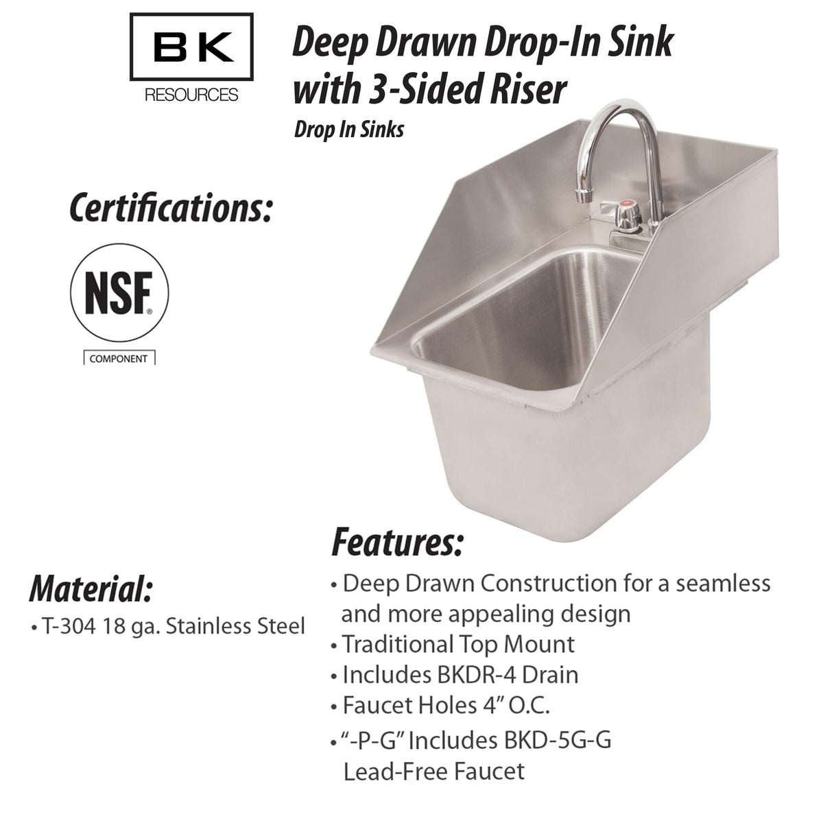 BK Resources NSF Commercial One Compartment Drop in Sink with Faucet – Stainless Steel, Silver, Model DDI-10141024S-P-G