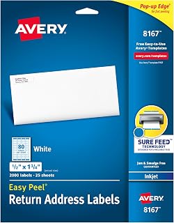 Avery Printable Return Address Labels with Sure Feed, 0.5" x 1.75", White, 2,000 Blank Mailing Labels (08167)