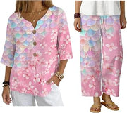 Women's 2 Piece Linen-Like Outfit Summer Beach Outfit Plus Size V Neck Button Down Linen Shirts and Wide Leg Pants