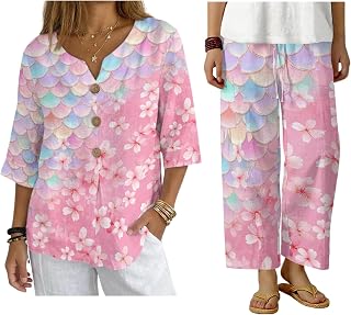 Women's 2 Piece Linen-Like Outfit Summer Beach Outfit Plus Size V Neck Button Down Linen Shirts and Wide Leg Pants