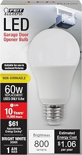 Feit Electric A19 LED Light Bulb, 60-Watt Equivalent Garage Bulb, 800 Lumens, E26 Medium Base, 3000K Bright White, Instant On, General-Purpose Household Lighting, 11,000-Hour Lifetime, 4 Pack