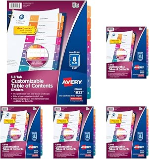 Avery Dividers for 3 Ring Binders, 8 Tabs per Set, Customizable Table of Contents, Multicolor Tabs, Great for Organizing Reports, Projects, and More (11133) (Pack of 5)