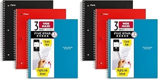 Five Star Spiral Notebook + Study App, 3 Subject, Wide Ruled Paper, 8" x 10-1/2", Tidewater Blue, Fire Red, Black (930081), 3 Count (Pack of 2)