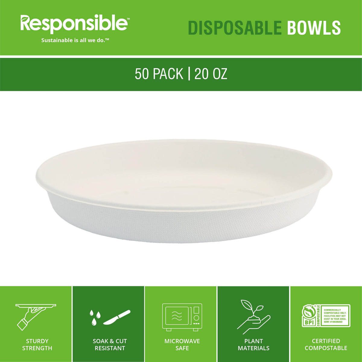 Responsible Products 20 oz (50 Count) / Classic White / Casual Bowls