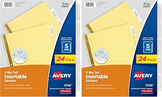 Avery Insertable Dividers for 3 Ring Binder, 5-Tab Set, Clear Big Tabs, Buff Paper with Gold-Reinforced, 24 Sets, Great for Organizing Projects, Reports, Finances, and More (11113) (Pack of 2)