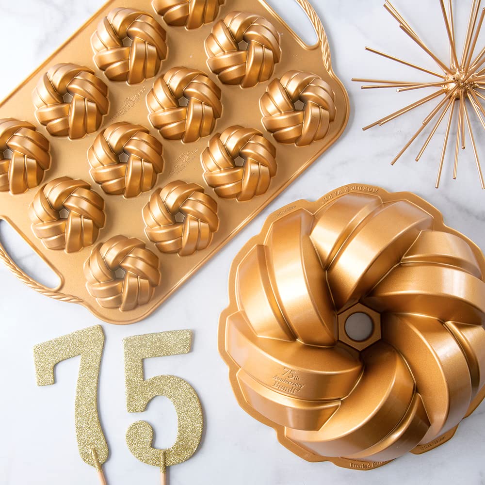 Pan 75th Anniversary Braided Bundt Bites by Nordic Ware – 3.5 Cup, 3.5 cups, Aluminum, Gold, Model 95377