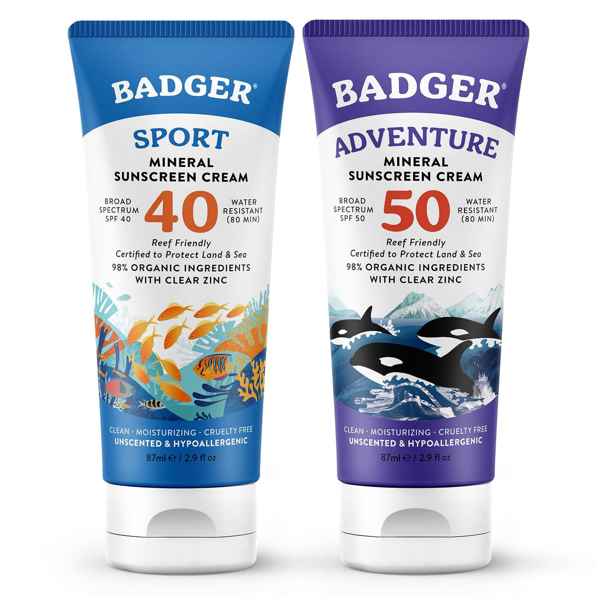 SPF 40 Reef Safe Sport Sunscreen and SPF 50 Reef Safe Sunscreen by Badger – Pack of 2