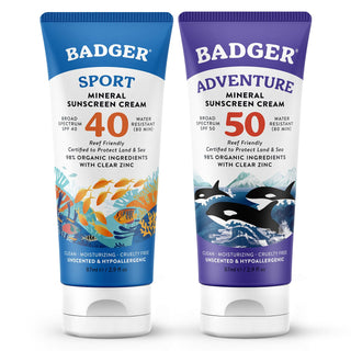 SPF 40 Reef Safe Sport Sunscreen and SPF 50 Reef Safe Sunscreen by Badger – Pack of 2