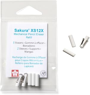 Sakura Mechanical Pencil Eraser Refills - Mechanical Pencil Erasers for Sakura XS-12 Pencil - 5 Erasers - 2 Metal Sleeves