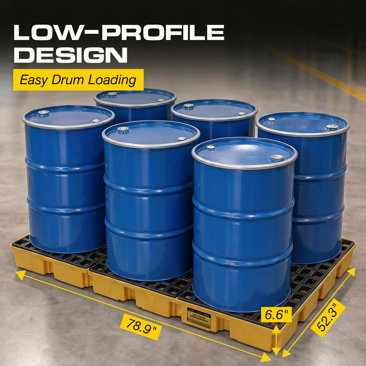 6 Drum Spill Containment Pallet with Forklift Pockets by Eagle – 6 Drum, Plastic, Yellow, Model 1686