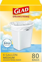 Glad Medium Drawstring Trash Bags, Rip and Tear Resistant, Fresh Clean Scented Garbage Bags, Odor Control, Febreze Freshness, 8 Gallon Trash Bags, 80 Count