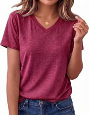 Womens V Neck Tees Casual Summer Solid T Shirts Short Sleeve Tops