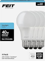 Feit Electric A450/850/10KLED/4 4-Pack 40W Equivalent 5.5 Watt Non-Dimmable A19 LED Light Bulbs, 4.4" H x 2.35" D, 5000K Daylight, 4 Piece