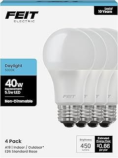 Feit Electric A450/850/10KLED/4 4-Pack 40W Equivalent 5.5 Watt Non-Dimmable A19 LED Light Bulbs, 4.4" H x 2.35" D, 5000K Daylight, 4 Piece