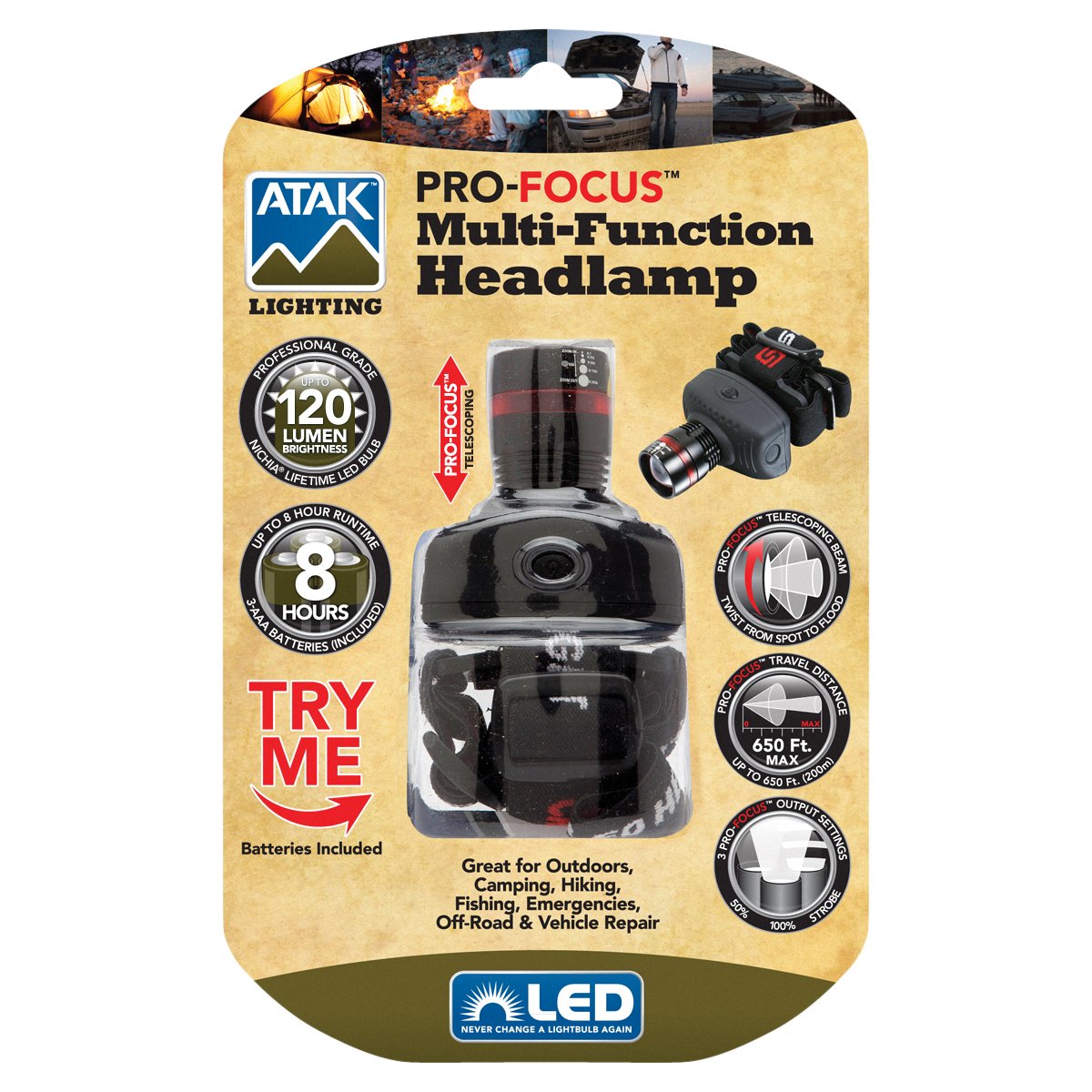 ATAK Model -120 Lumen LED Multi-Function Headlamp With PRO-FOCUS Telescoping Beam by Performance Tool – Pro-Focus Multi-Function Headlamp, Aluminum, Black