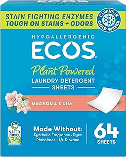 ECOS Laundry Detergent Sheets Vegan, No Plastic Jug, No Mess, Liquid Free - Hypoallergenic, Plant Powered Laundry Detergent Sheet - Magnolia & Lily - 64 Count (Pack of 1)