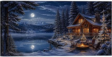 Moonlit Snowy Lakeside Cabin Framed Wall Art Winter Christmas Scene (Framed,10 * 20in)