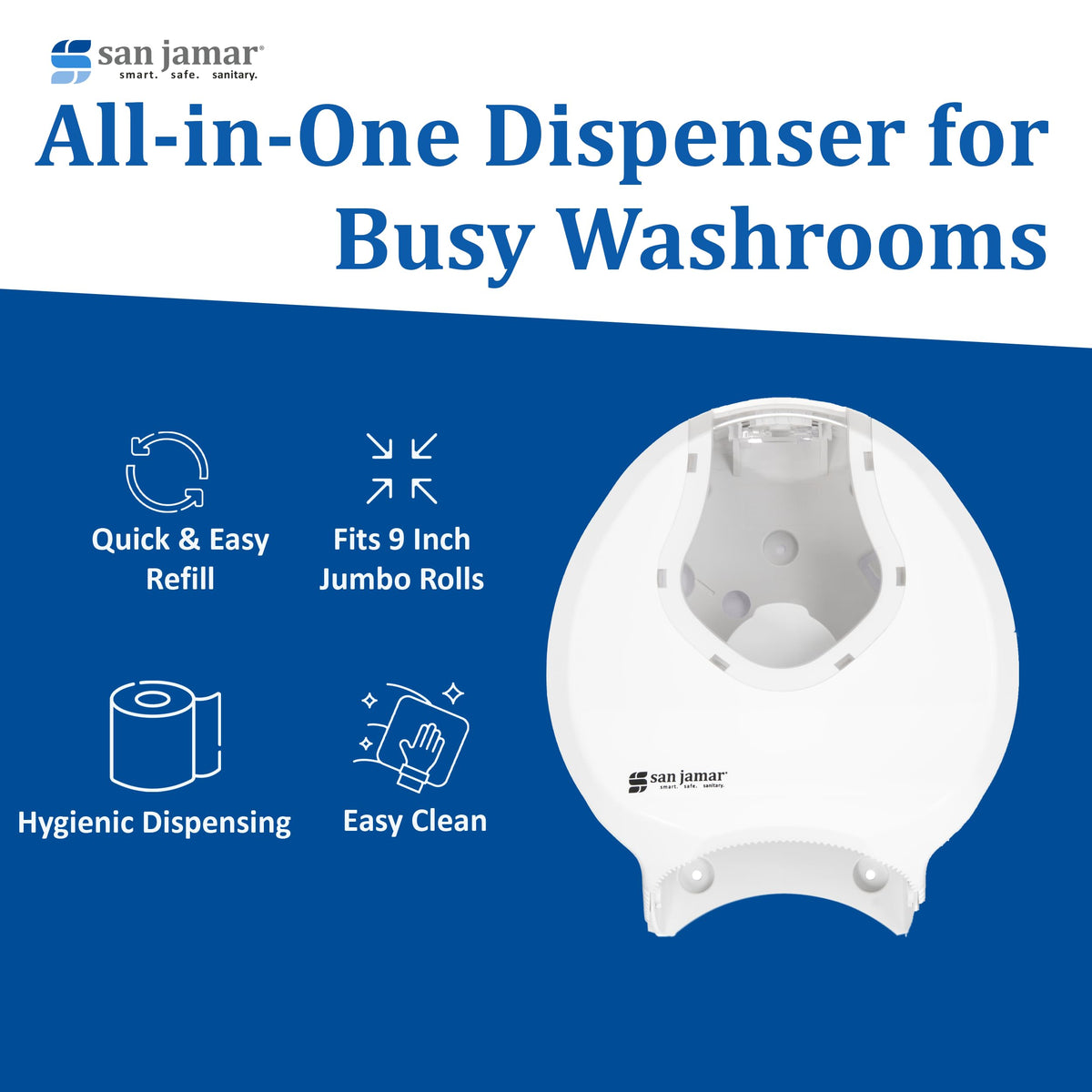 Sumit Plastic Single Roll Jumbo Tissue Dispenser by San Jamar – Plastic, White, Model R2070WHCL