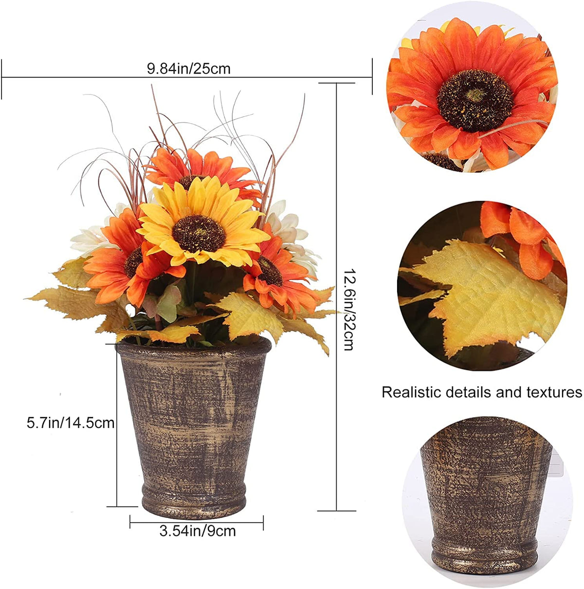 GTIDEA Artificial Sunflower Potted Plant, 12.6 Inch, Fall Maple Leaves
