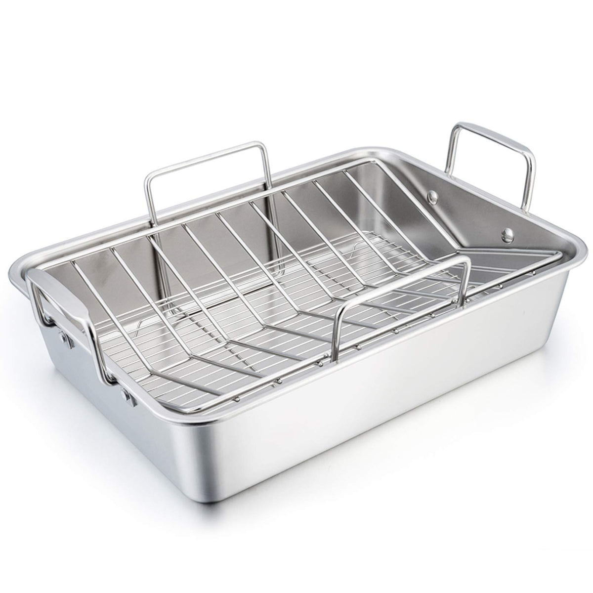 TeamFar Stainless Steel Roasting Pan with Rack, 16 Inch Large, Silver