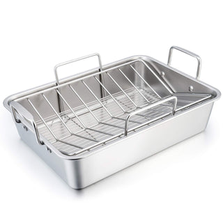 TeamFar Stainless Steel Roasting Pan with Rack, 16 Inch Large, Silver