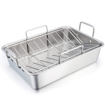 TeamFar Stainless Steel Roasting Pan with Rack, 16 Inch Large, Silver