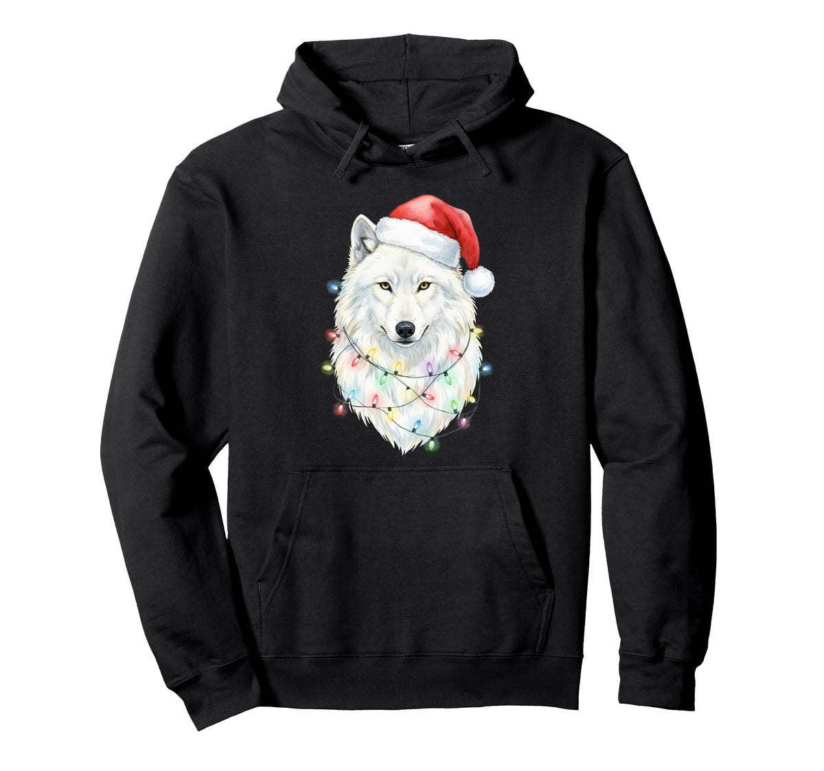 White Wolf Christmas Lights Festive Xmas Arctic Animal Pullover Hoodie by White Wolf - Christmas Apparel & Gifts – Black, Model PW26ACX2ATS