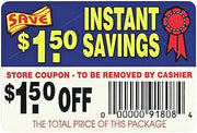Coupon Labels $1.50 Off Instant Savings - 3" L x 2" H 250 per Roll