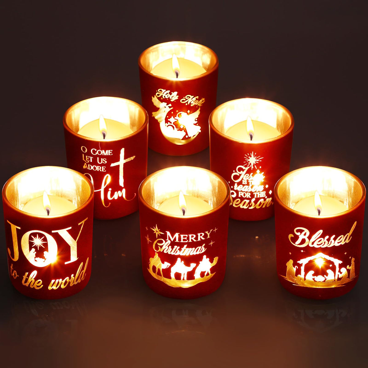 Mumufy Nativity Votive Candle Holders, Set of 6 with 10 Candles, Red Glass