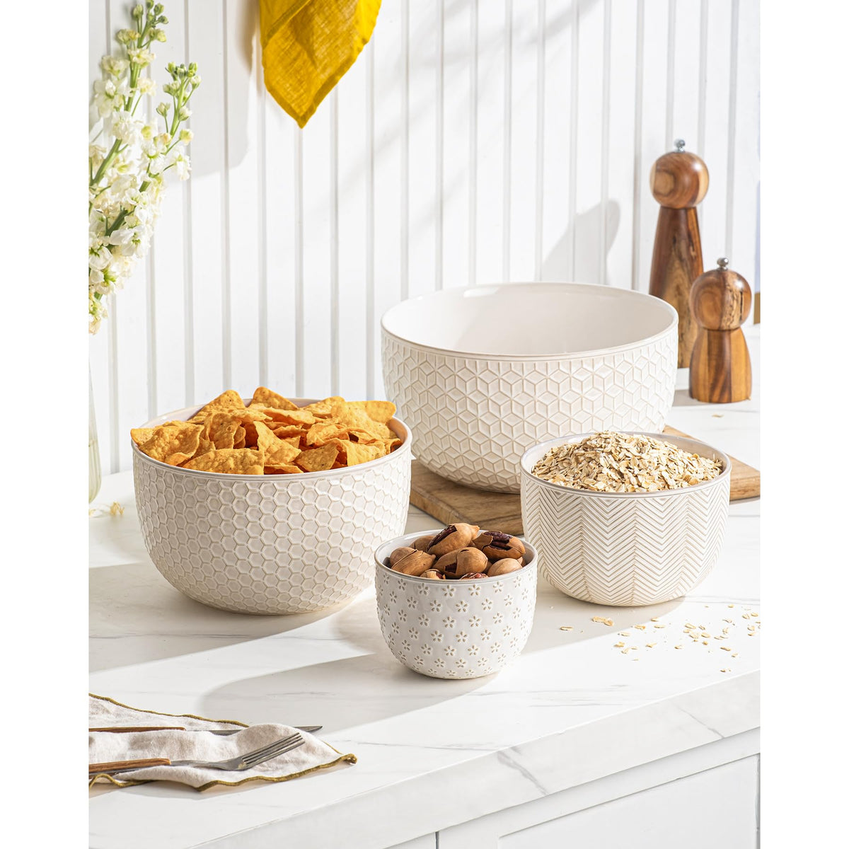 Mikigey Ceramic Nesting Bowls, Embossed Set of 4, Off-White