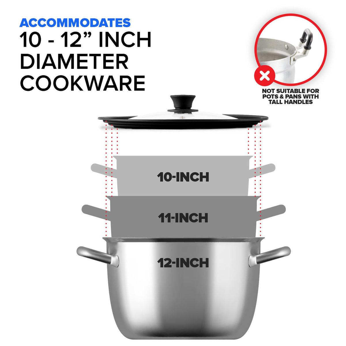 Large Silicone & Glass Universal Lid (10.5 to 12 Inches) - BPA-Free Silicone Lid with Stay Cool Handle & Tempered Glass Top - Dishwasher Safe - Universal Lid for Pots by Modern