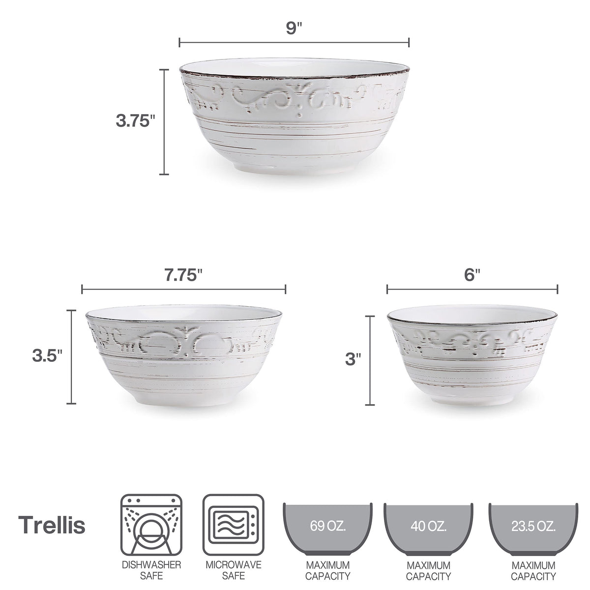 Pfaltzgraff Trellis Serving Bowl Set, Stoneware, White, Set of 3