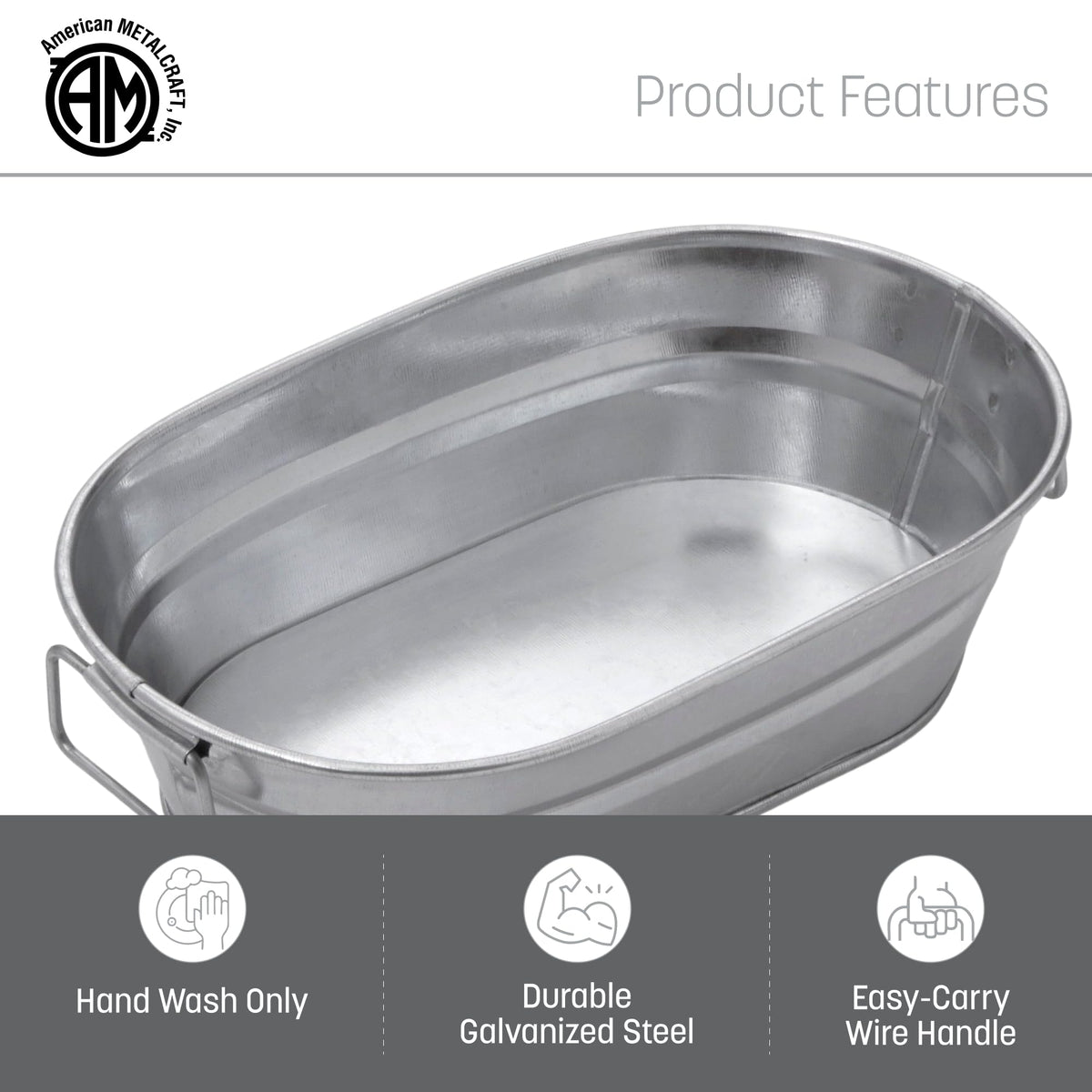 Natural Galvanized Steel Oval Tub with Side Handle 8-5/8" L x 5-1/2" W x 2-1/2" H 32-ounce by American Metalcraft – 32 oz (Pack of 1), 24.0 ounces, Aluminum, Silver, Model MTUB69