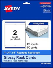 Avery Printable Rectangle Rounded Rack Cards, 4.25" x 9", Glossy White, Sure Feed Technology, Laser/Inkjet Compatible, 50 Total, Ideal for Packaging, Displays, and More