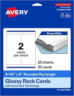 Avery Printable Rectangle Rounded Rack Cards, 4.25" x 9", Glossy White, Sure Feed Technology, Laser/Inkjet Compatible, 50 Total, Ideal for Packaging, Displays, and More