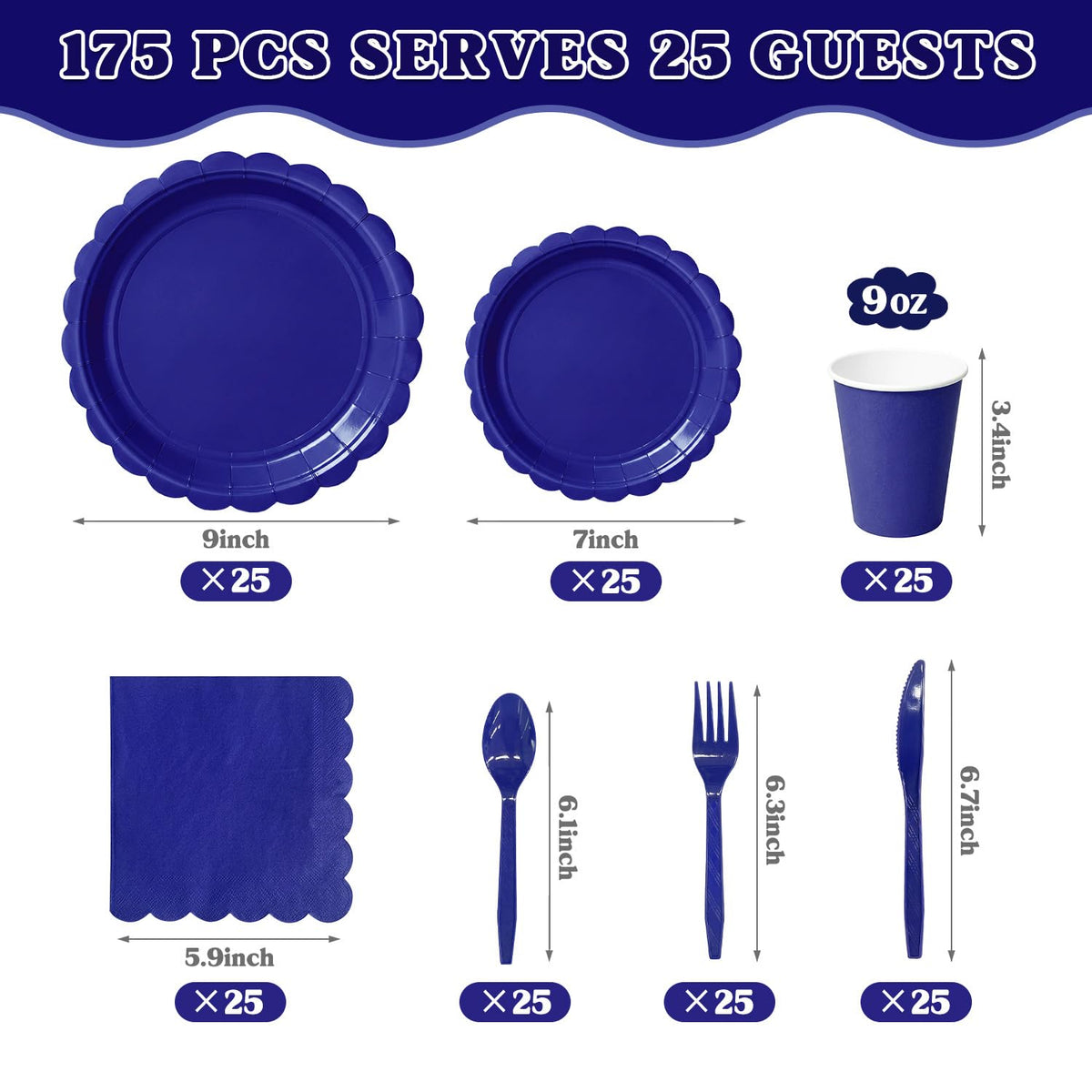 Vyntra Paper Plates and Napkins Set, 175 Pieces, Navy Blue
