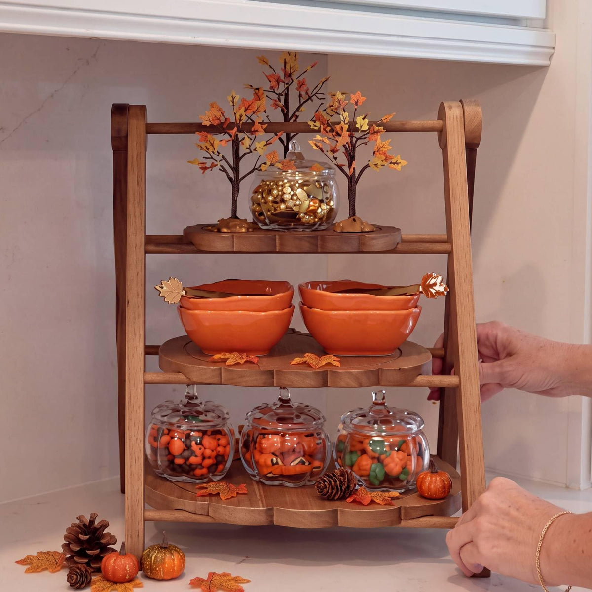Marsui Pumpkin Tiered Serving Set, Wooden Platters in 12 10 8 Inch Sizes, Brown