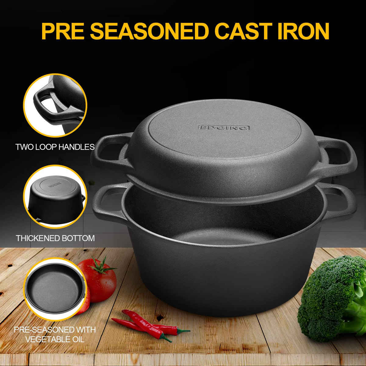 Edging Casting Cast Iron Dutch Oven with Skillet Lid, Pre-Seasoned, 5 Qt, Black