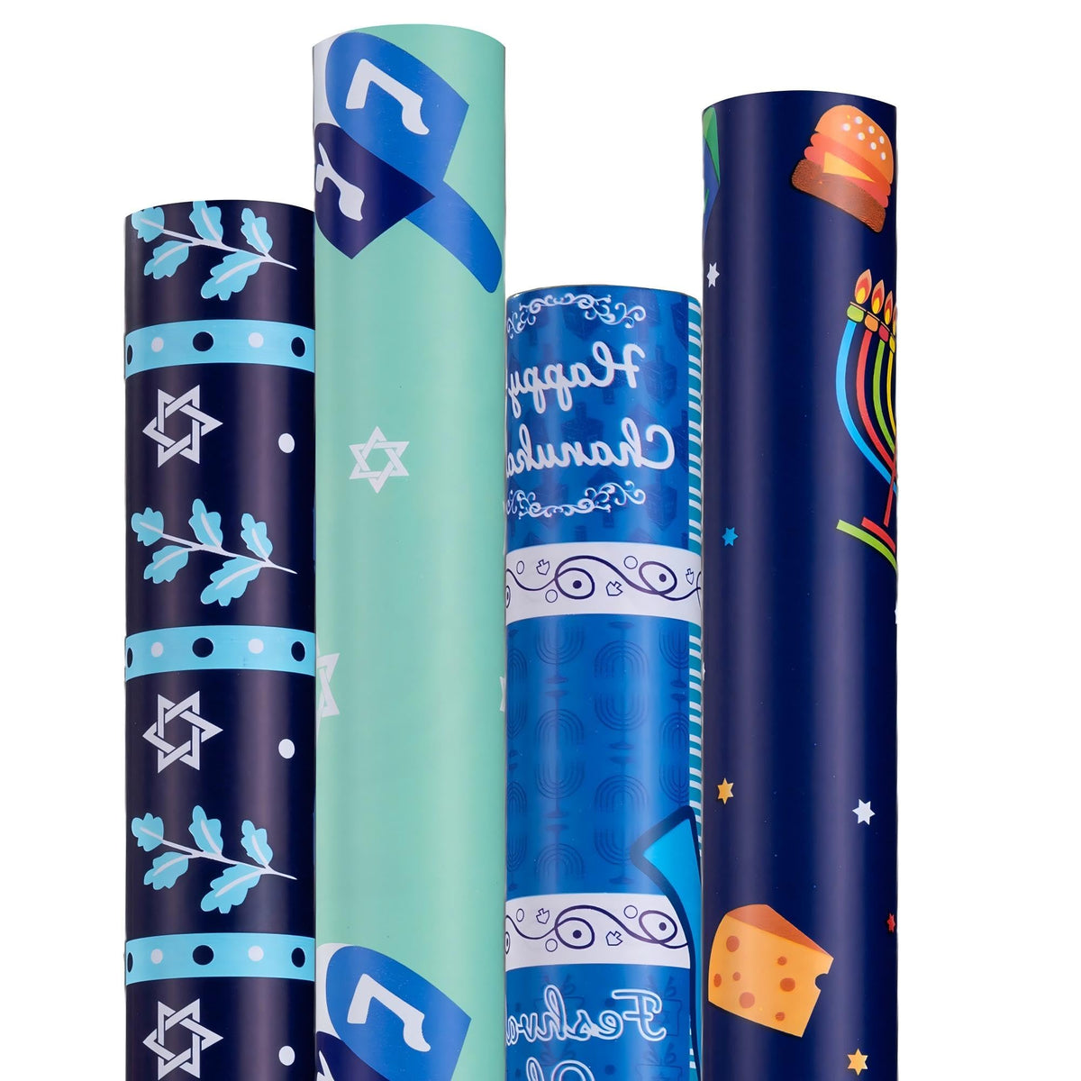 Cherubfunz Hanukkah Gift Wrap, 4 Rolls Totaling 148 Sq Ft, Menorah Dreidel Designs