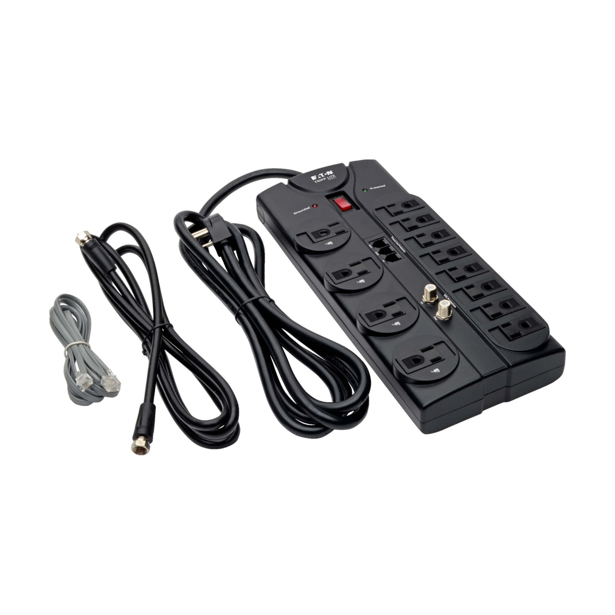 Eaton Flat Plug Surge Protector TV & Phone Ports by TRIPP LITE – 12 Outlets, Plastic, Black, Model TLP1208TELTV
